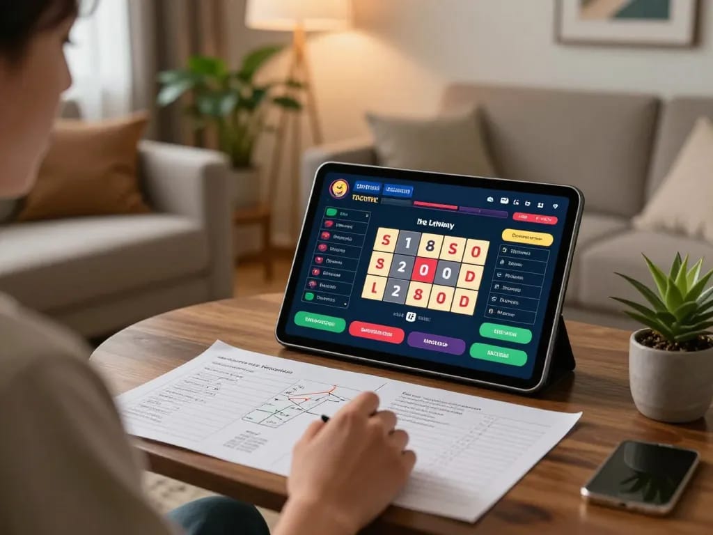 Engaging in đánh lô đề online at home, warm and inviting atmosphere with strategy notes and tablet.