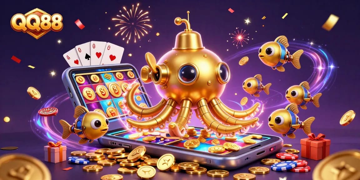 Experience thrilling gaming at QQ88 with an epic kraken submarine surrounded by coins and vibrant casino elements.