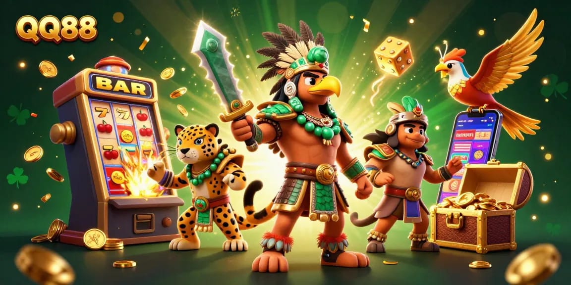 Experience thrilling slots adventures with QQ88 in a vibrant, dynamic casino scene featuring iconic elements.