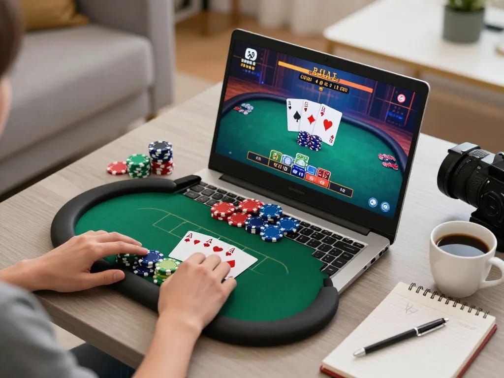 Engaging in an online poker game at home, showcasing gamebaidoithuong excitement with vibrant chips and strategy.
