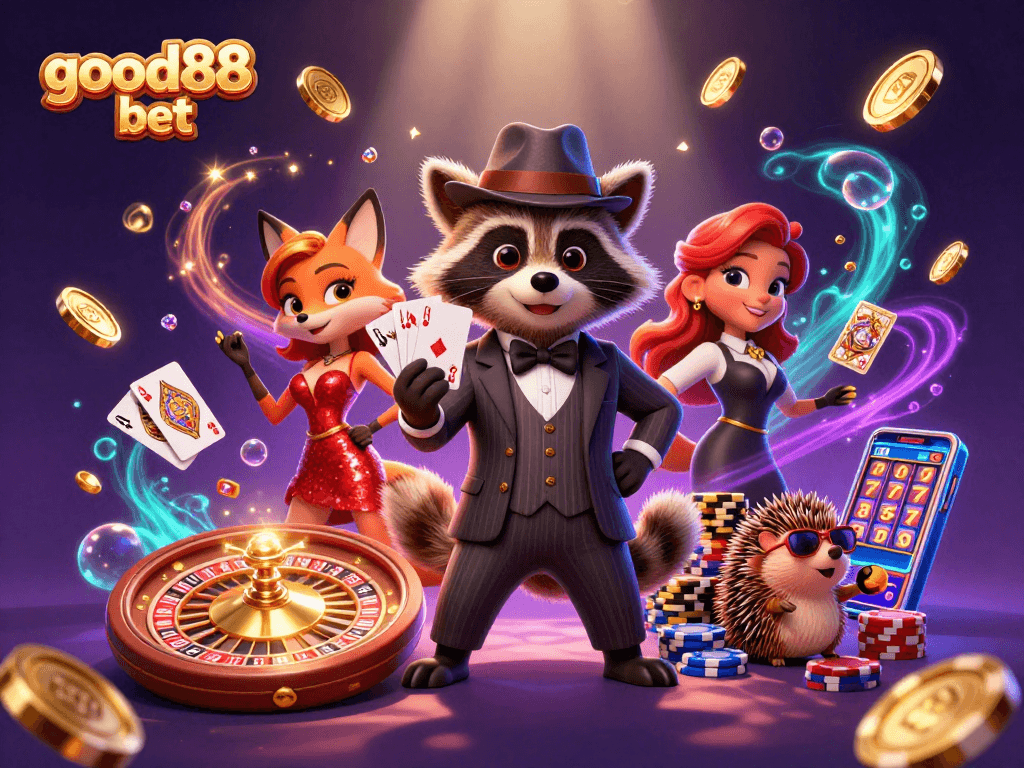 Experience the excitement of good88 bet with a suave raccoon and charming fox lady in a dynamic casino scene.