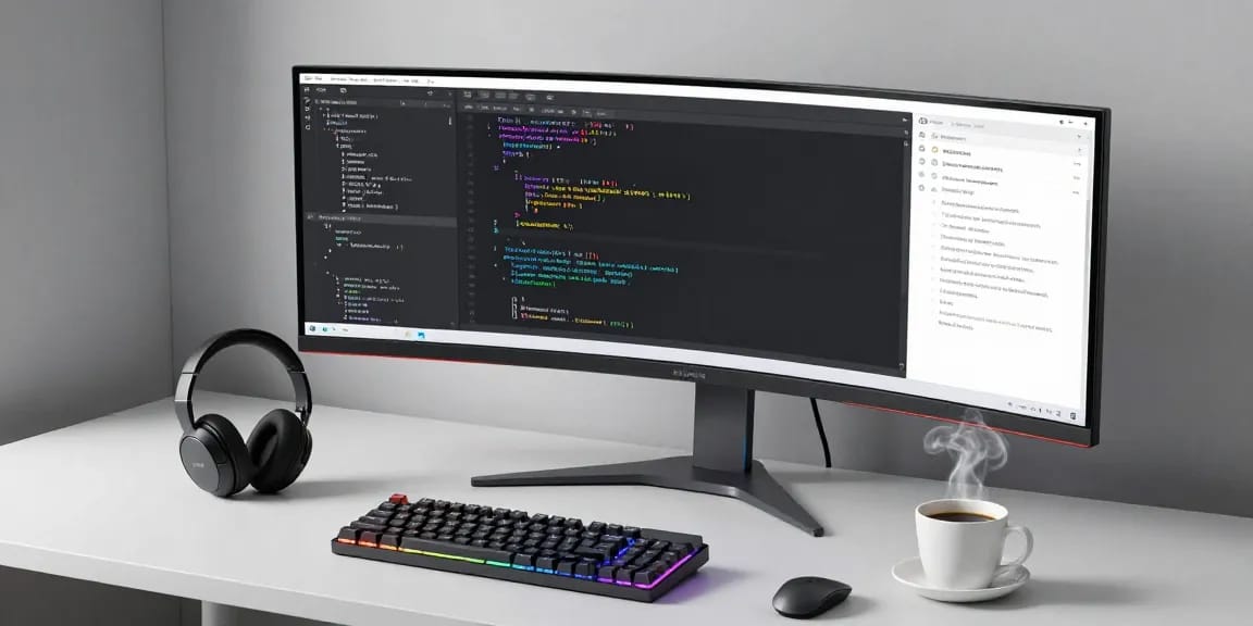 MB66: Modern software development workspace showcasing innovative tech, including monitors and coding tools, enhancing productivity.