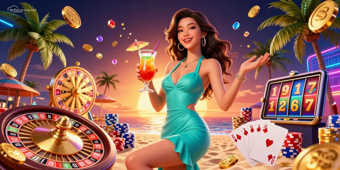 Experience effortless chuyển file pdf sang word with a stunning casino-themed illustration showcasing a beautiful Asian woman in a tropical setting.