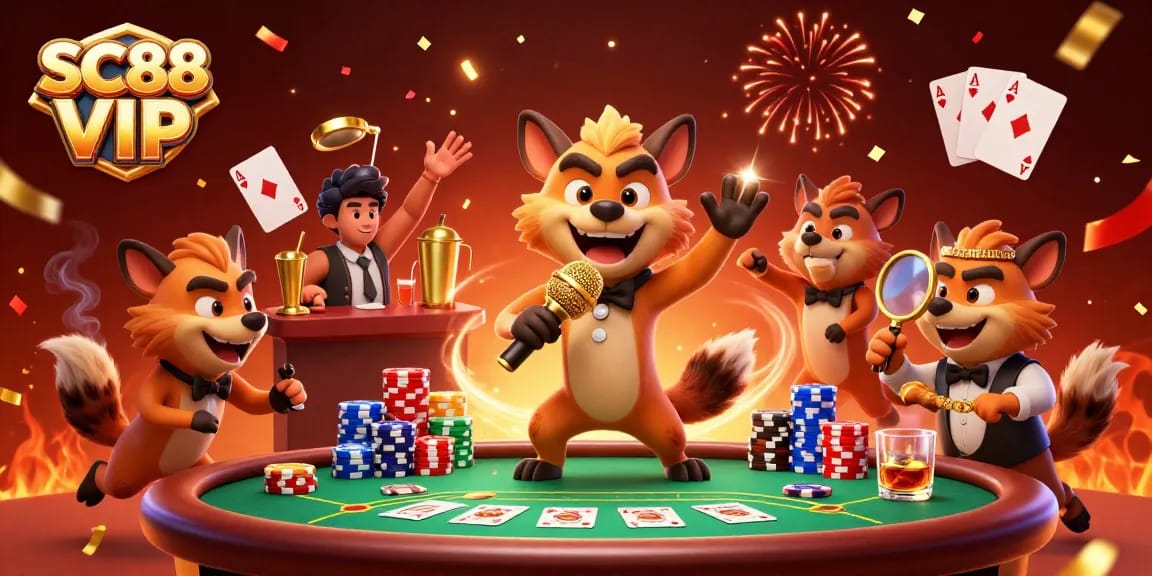 Join the excitement at SC88 VIP with hyenas in a dynamic casino scene featuring poker tables and vibrant decorations.