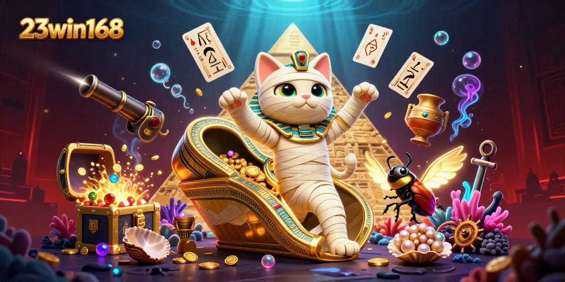 Experience the thrill of gaming at 23win168 with a vibrant pyramid casino featuring an Egyptian mummy cat.