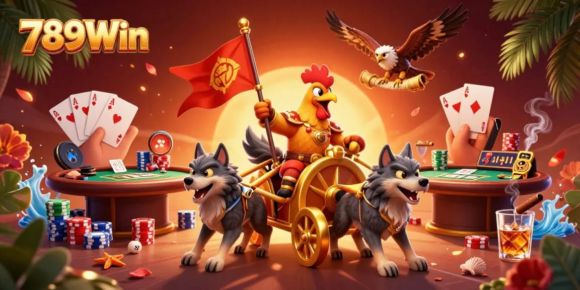 Engage in thrilling action at 789Win with a rooster warlord in a dynamic casino scene, showcasing poker elements.