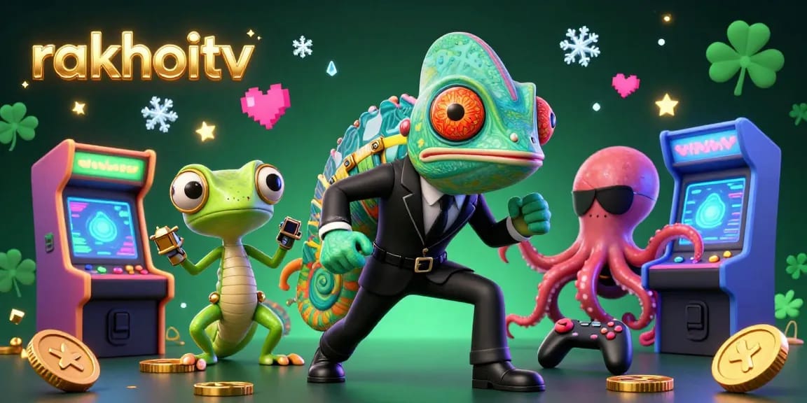 Experience thrilling gameplay at rakhoitv with a vibrant illustration of a chameleon spy and game-themed elements.