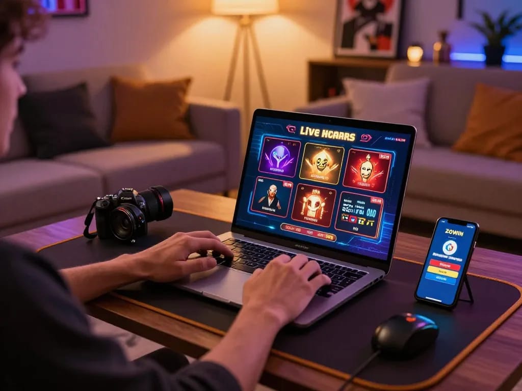 Play online casino games with ZOWIN on a laptop in a cozy home setting.
