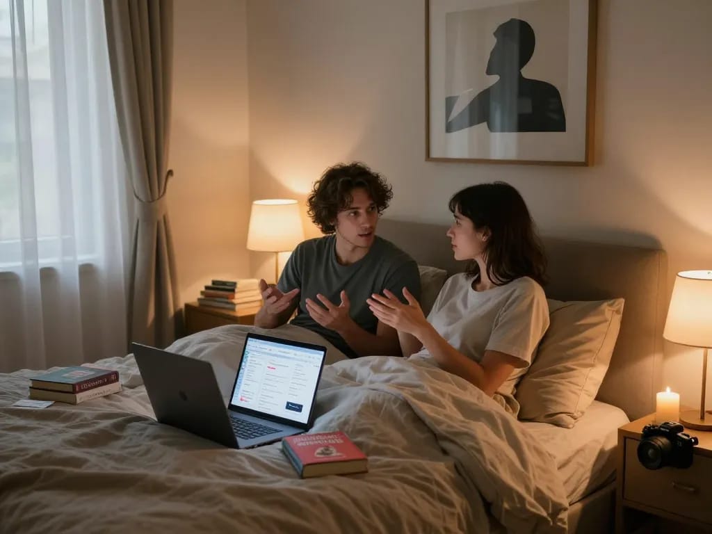 Couple exploring ai sex technology in an intimate bedroom setting, discussing personal experiences.
