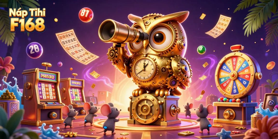 Nạp Tiền F168 showcases a vibrant casino scene with a golden owl and animated elements.