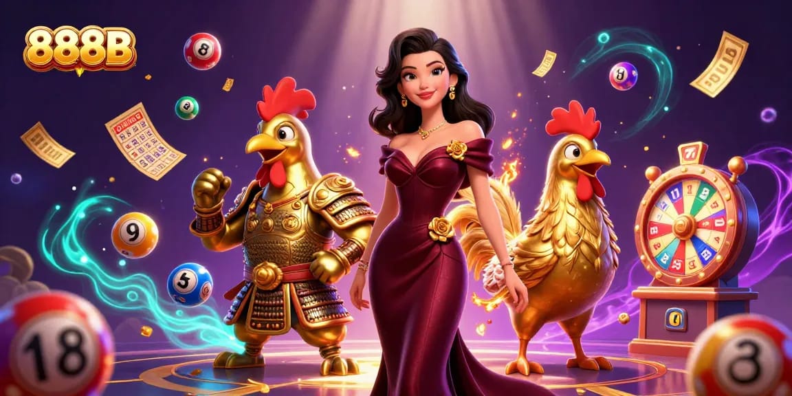 Engage with 888B's thrilling lottery experience featuring dynamic elements and glamorous characters.