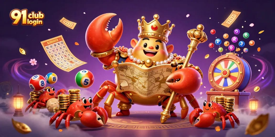 Engage in the 91 club login experience with a colorful 3D casino scene featuring a golden crab emperor surrounded by dynamic game elements.