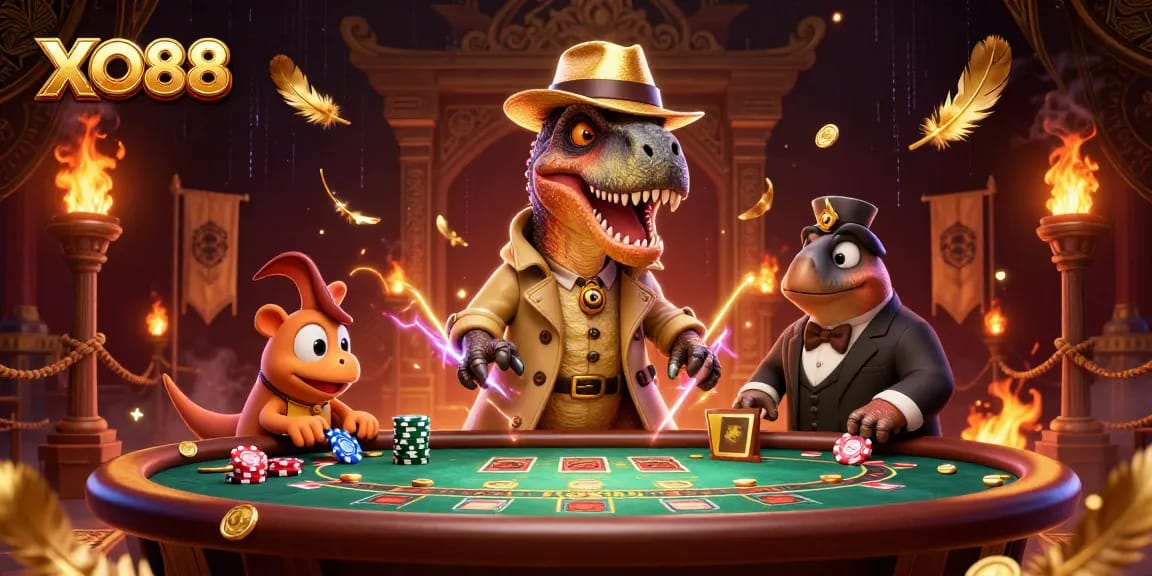 Engage with the excitement of XO88 at a vibrant casino scene with animated characters.