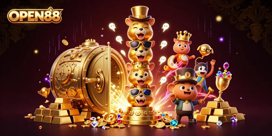 Experience OPEN88's vibrant 3D illustration showcasing a golden totem and casino treasures in an energizing scene.