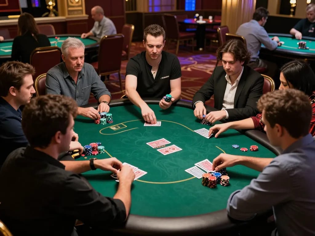 Players strategizing and betting in an exciting xx88 poker game at a luxurious casino.