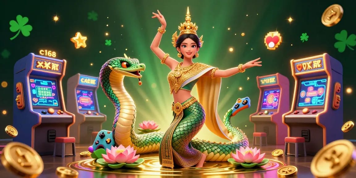Engage with vibrant gaming action at c168 in a dynamic 3D illustration showcasing an Asian woman and a Naga in a casino setting.