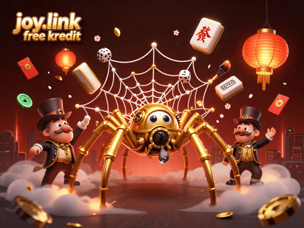 Catching dice in a golden web, showcasing joy.link free kredit in a vibrant casino-themed illustration.