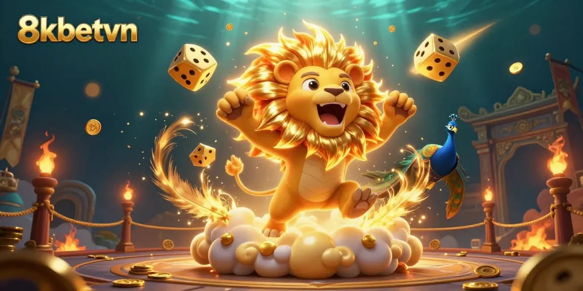 Experience the thrill of 8kbetvn online gambling with an energetic casino scene featuring majestic characters and rich visuals.