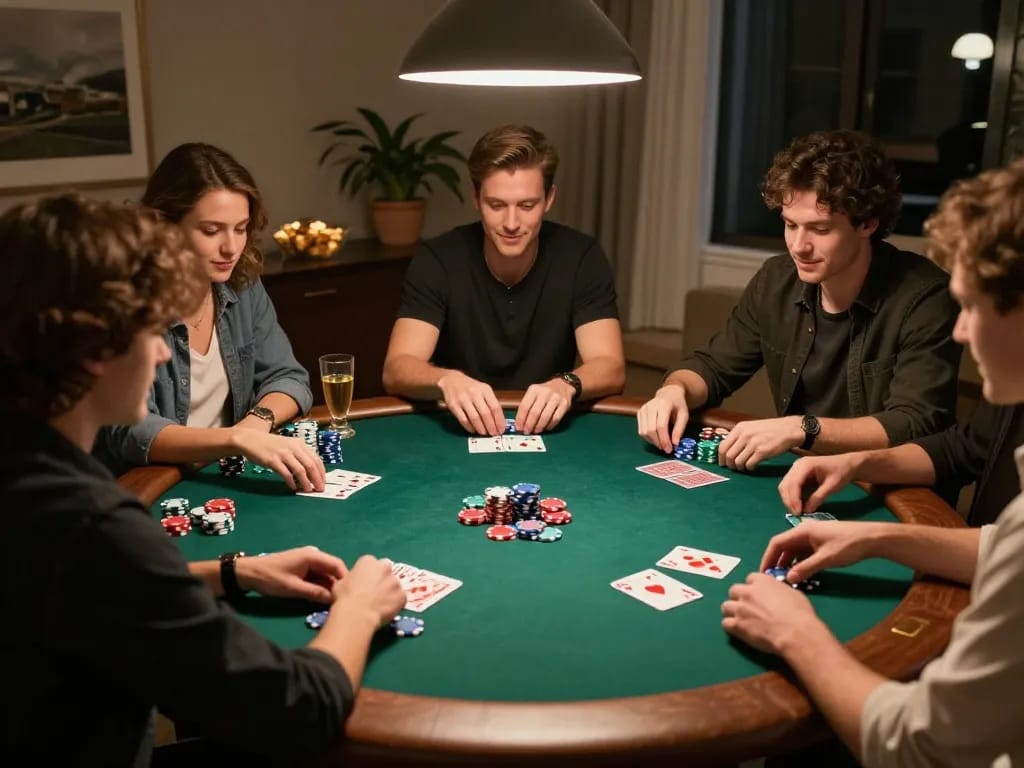 Friends enjoying an exciting poker game at home, exemplifying F8 bet strategies for social gambling.