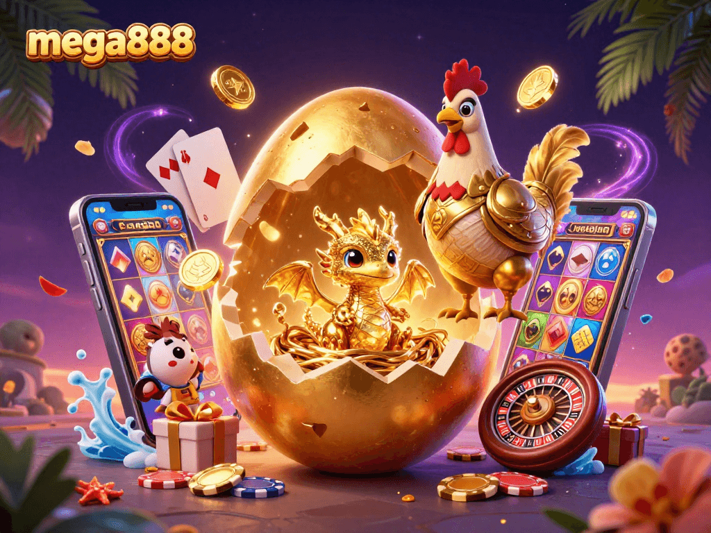Permainan mega888 dengan naga emas dan cip poker, ilustrasi kasino penuh warna.
