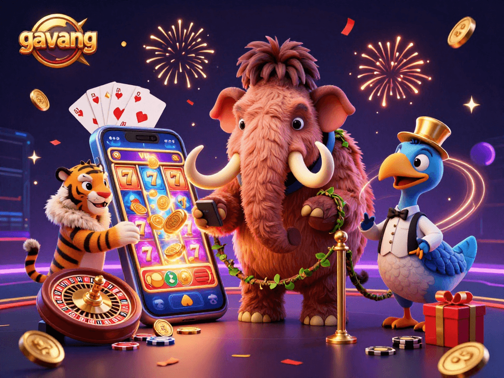 Experience exciting slots with gavang at this vibrant casino scene featuring engaging characters.