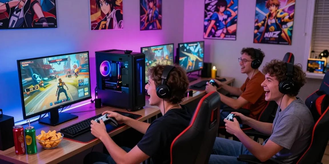 Group of friends enjoying the latest nsfw game in a vibrant gaming setup.