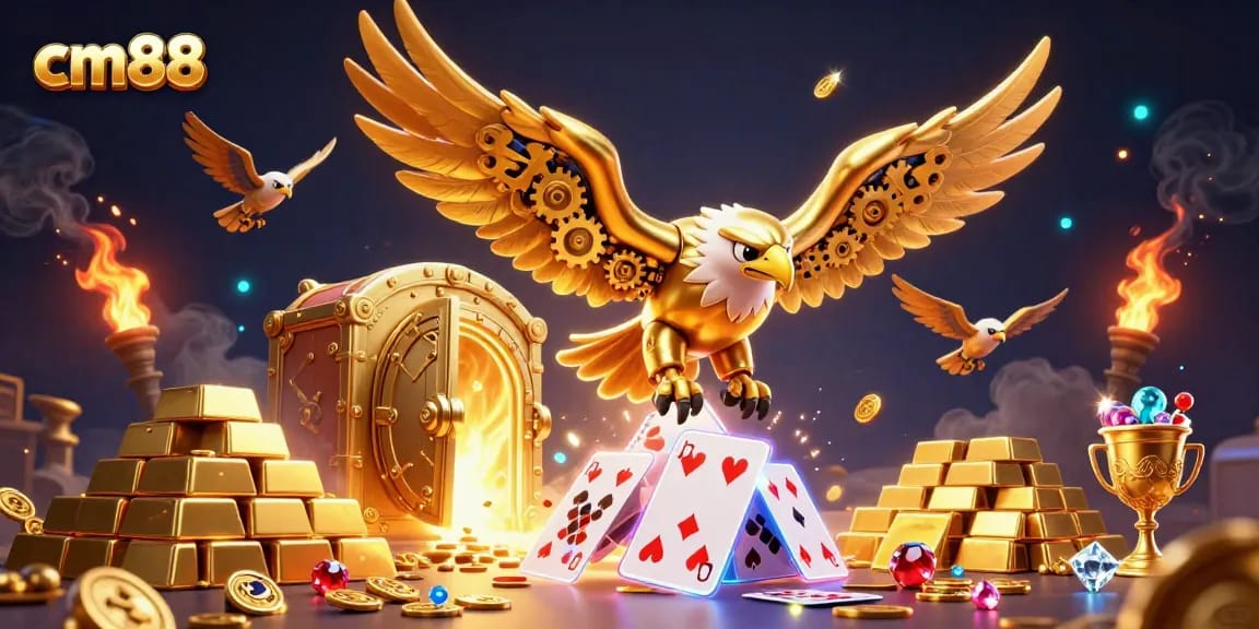 Experience gaming excitement with cm88's dynamic 3D casino illustration featuring a cybernetic eagle.