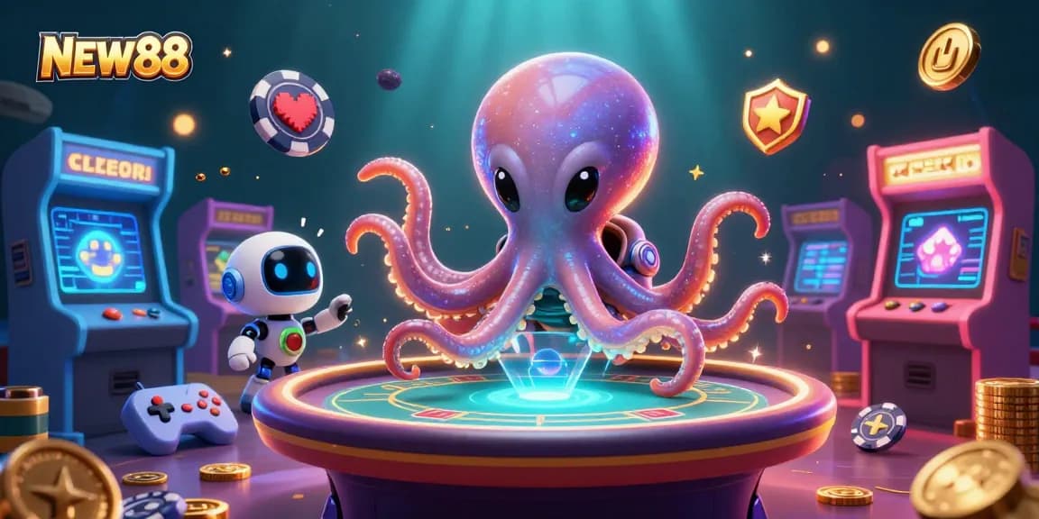 Engage in exciting gameplay at NEW88 with a whimsical scene of an alien octopus and robot at a holographic poker table.