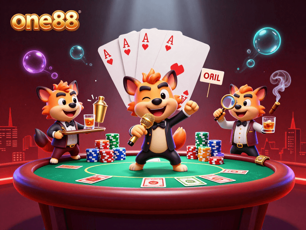 one88 hyenas bring comedy to casino gaming while standing by poker tables in a vibrant atmosphere