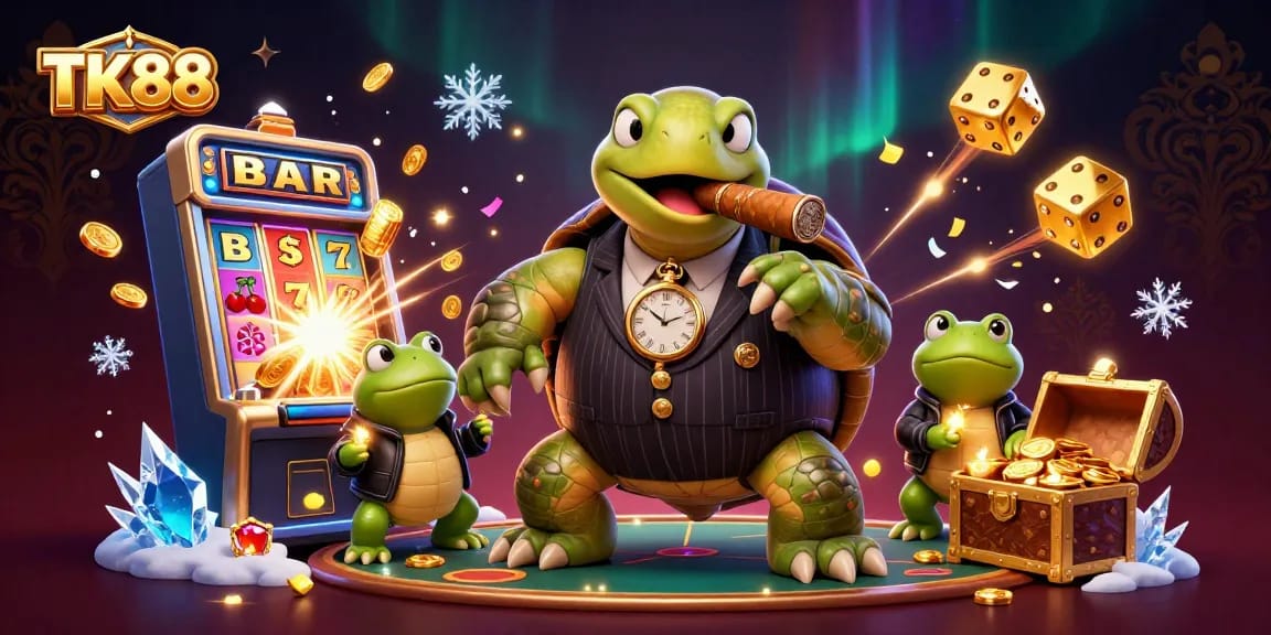 Experience the excitement at TK88 casino with a vibrant scene of a snapping turtle and bullfrog enforcers.