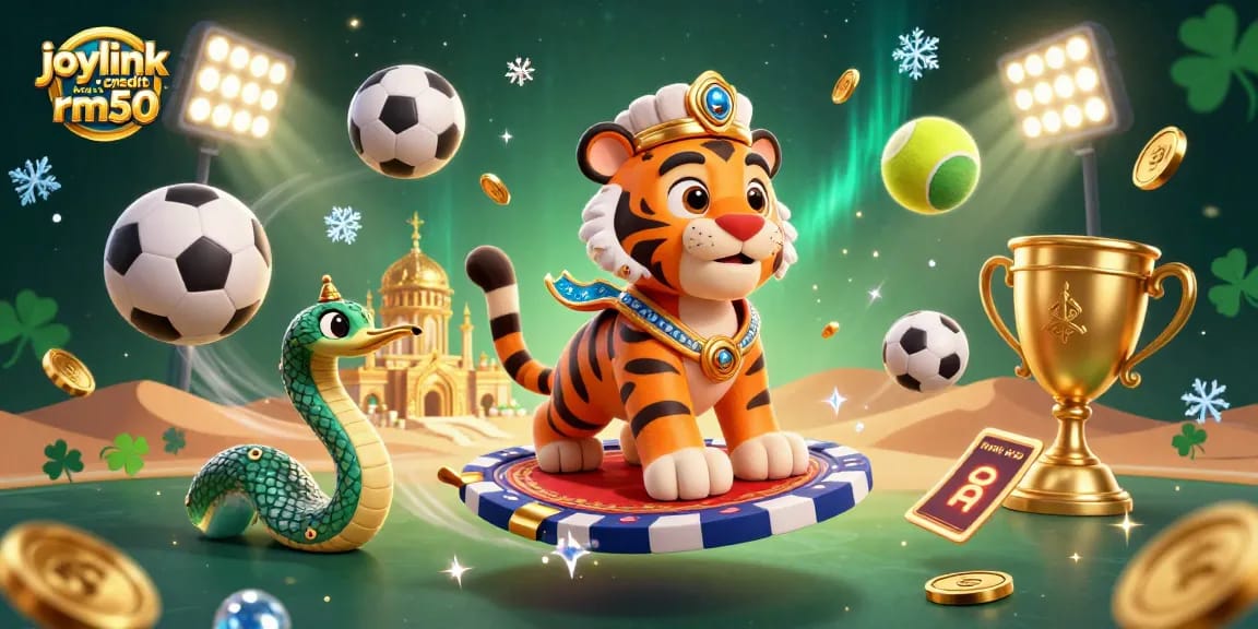 Experience the joylink free credit rm50 with a vibrant casino-themed illustration full of dynamic action.