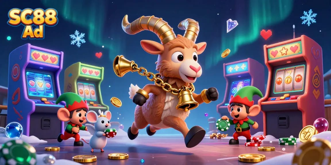 Engage with SC88 Ad at a vibrant casino scene featuring Krampus, an angel mouse, and gremlins