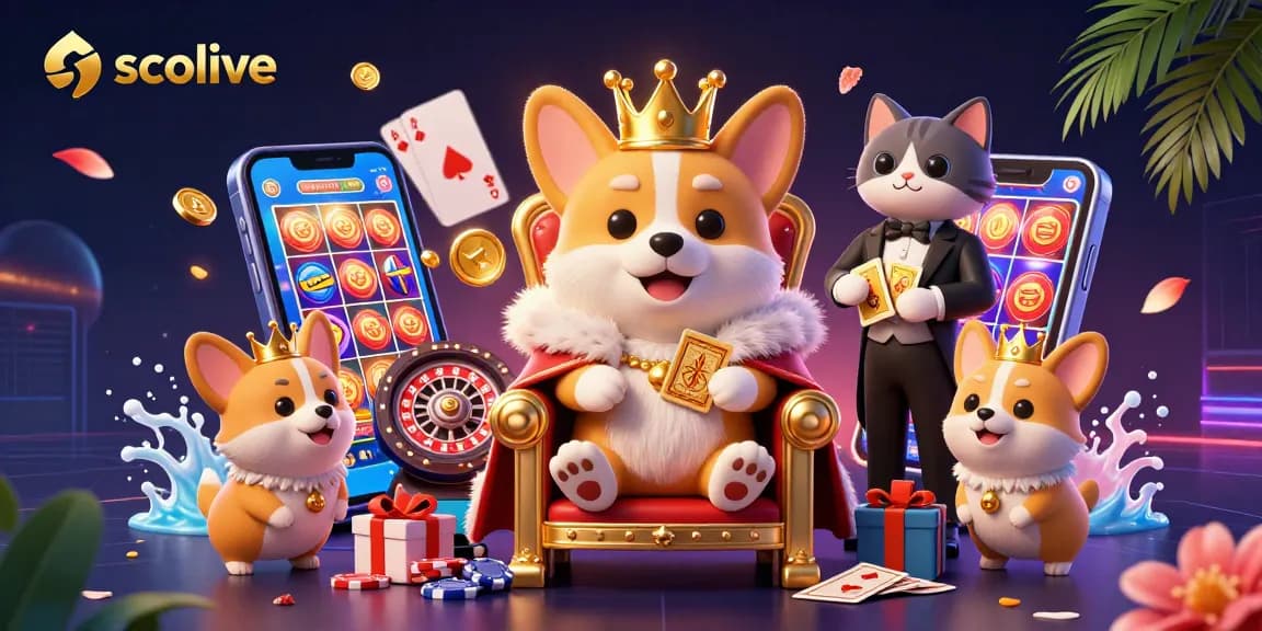 Socolive shows a royal corgi on a poker chip throne while interacting with dynamic casino elements.