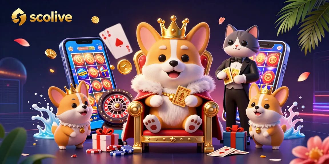 Socolive shows a royal corgi on a poker chip throne while interacting with dynamic casino elements.