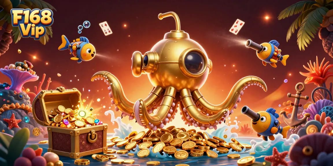 Engage with F168 Vip through a vibrant 3D underwater scene filled with treasures and casino elements.