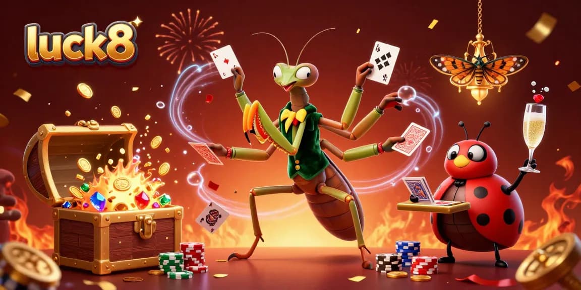 Experience luck8 with a vibrant casino scene featuring a card sharp and pit boss surrounded by treasures.