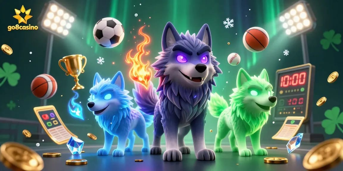 Experience the excitement of go8casino with a dynamic 3D illustration of engaging wolves amidst thrilling sports elements.