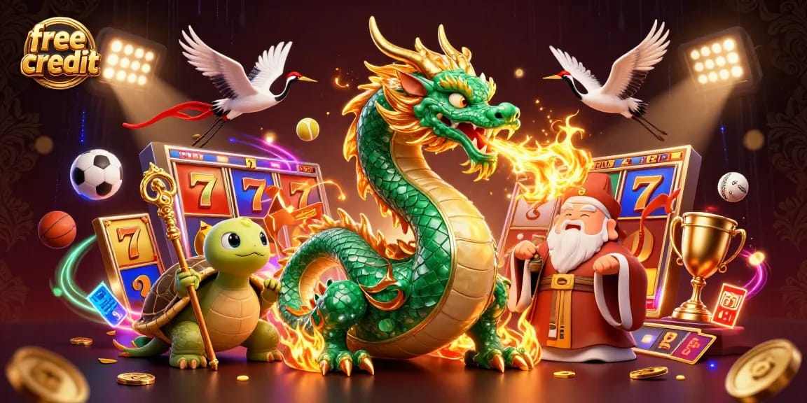 Experience free credit bonuses at online casinos, illustrated with a jade dragon and dynamic elements.