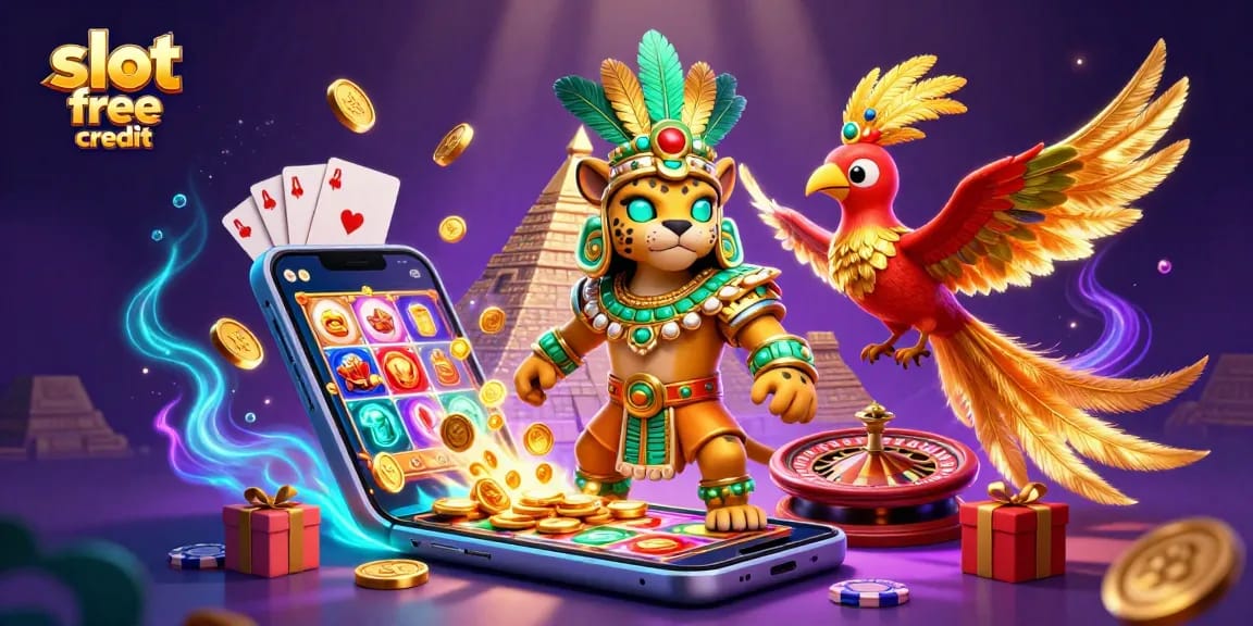 Engage with slot free credit in a vibrant casino scene, featuring joyous characters and colorful game elements.