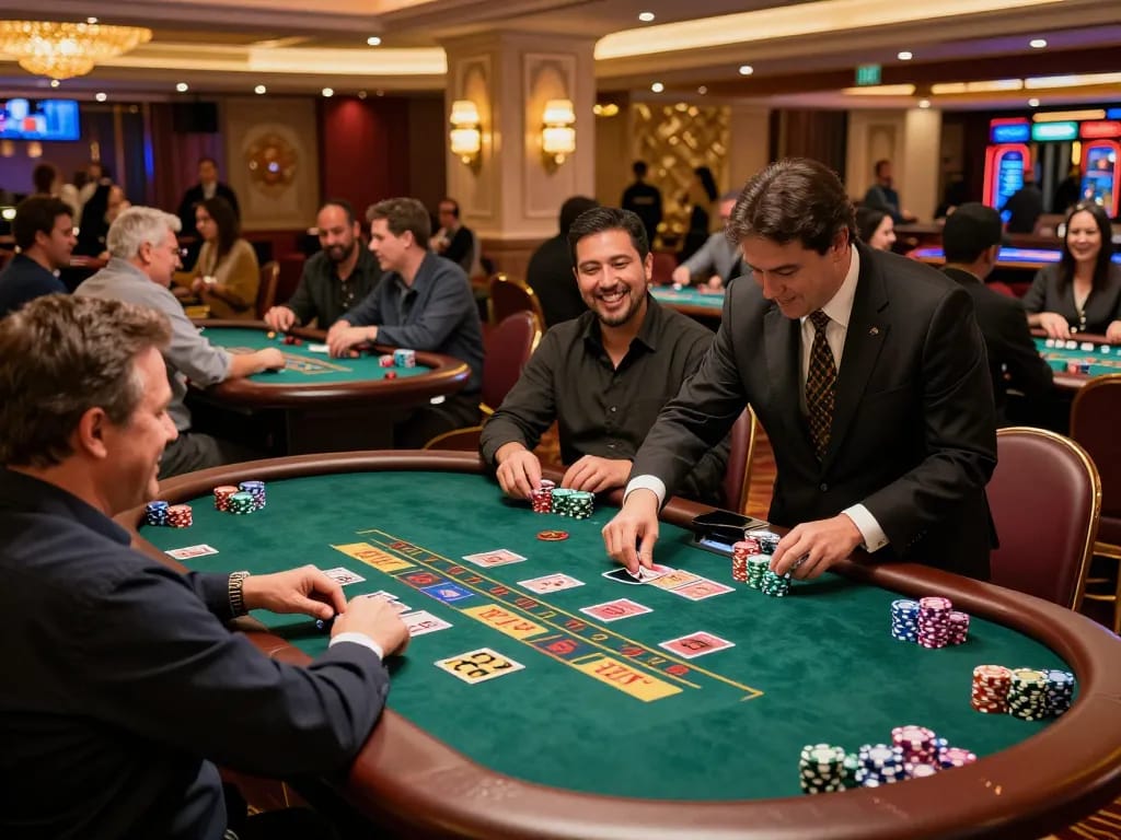 mm888 players enjoying a thrilling blackjack game in a vibrant casino atmosphere
