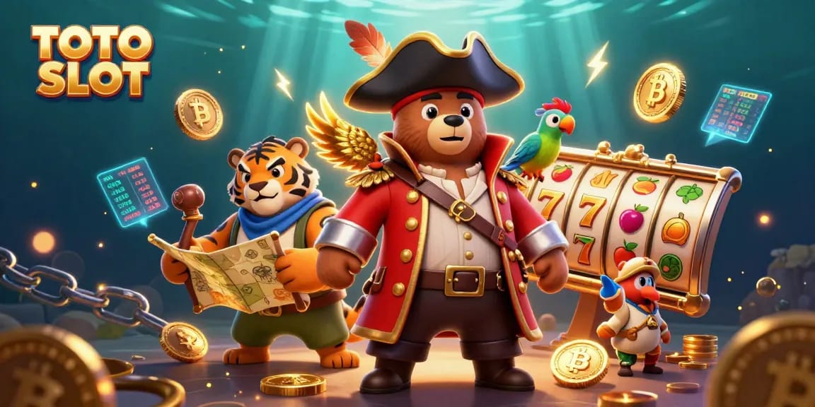 TOTO SLOT features a pirate bear, tiger, and parrot surrounded by vibrant slot elements and digital currency.