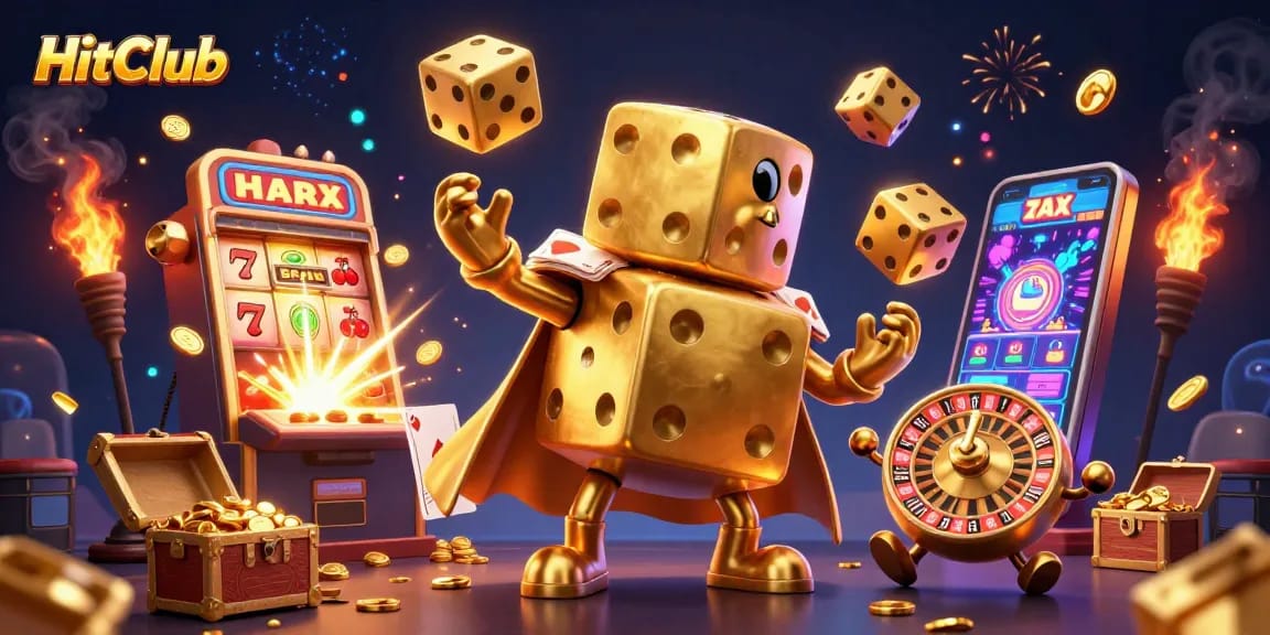 HitClub features an exciting jackpot illustration showcasing dynamic golden dice characters and vibrant gaming elements.