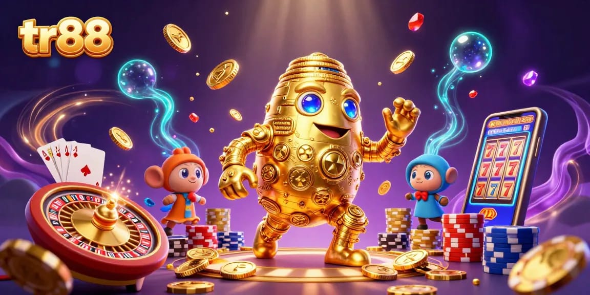 Spin to win with tr88's vibrant casino scene featuring a golden golem and roulette wheel.