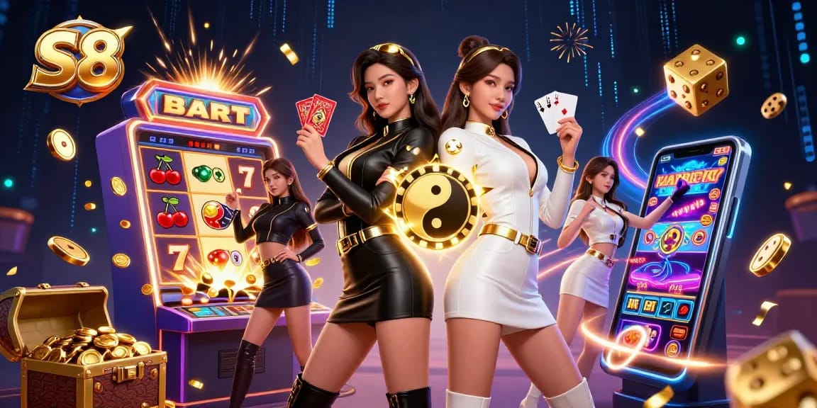 Experience thrilling gameplay at S8 with stunning Asian twin dealers and vibrant casino elements.
