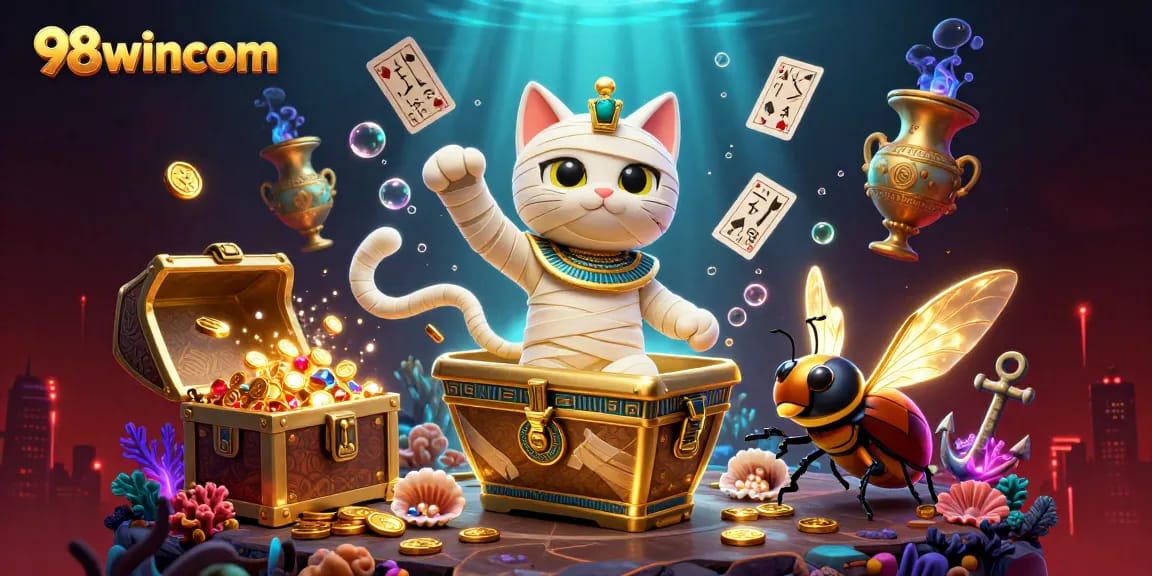 Engage with 98wincom at a pyramid casino with cartoon mummy cat, scarab, and floating cards.
