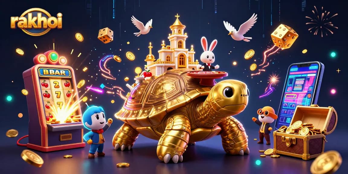 Experience rakhoi's thrilling casino action with a giant tortoise, vibrant slot machines, and dynamic game elements.