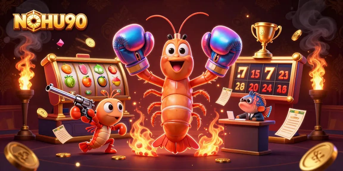 Experience vibrant slot gaming with NOHU90, as animated shrimp champions showcase dynamic winnings.