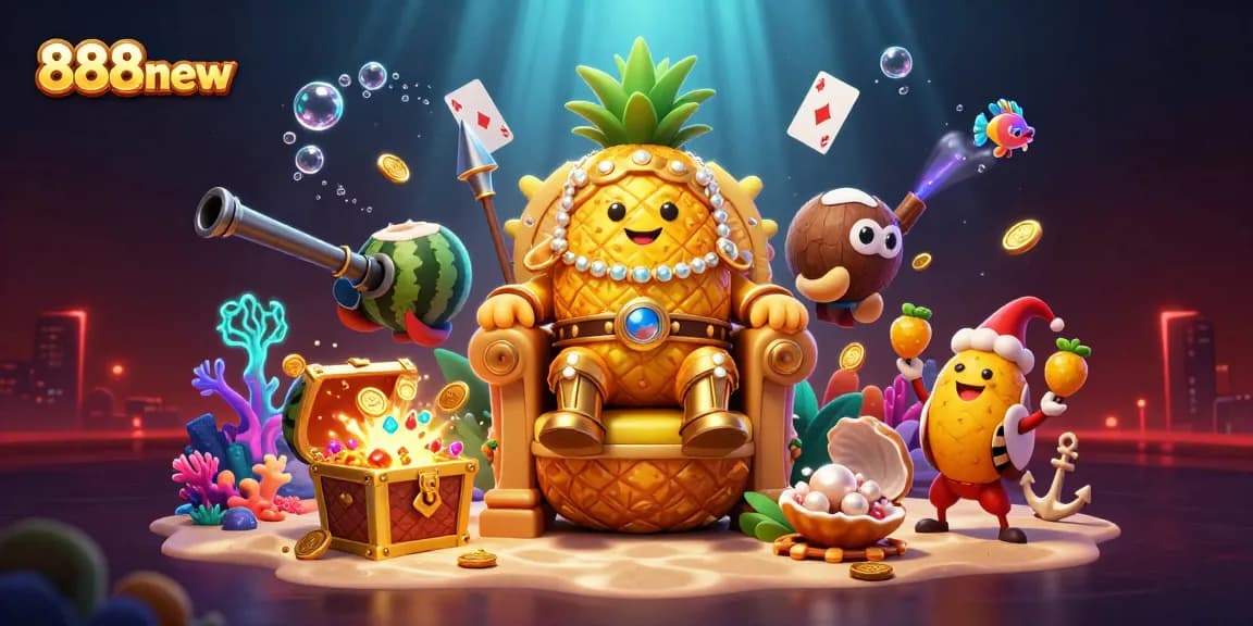 Experience the thrill at 888new with a vibrant 3D casino illustration featuring a pineapple king, lively jester, and treasure-filled underwater scene.