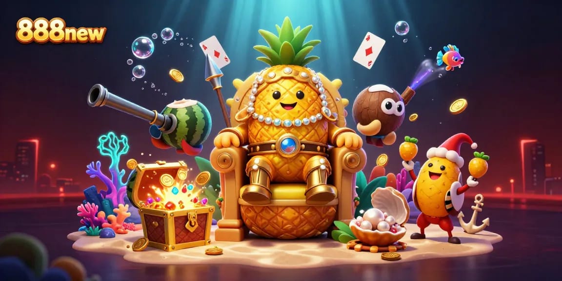 Experience the thrill at 888new with a vibrant 3D casino illustration featuring a pineapple king, lively jester, and treasure-filled underwater scene.