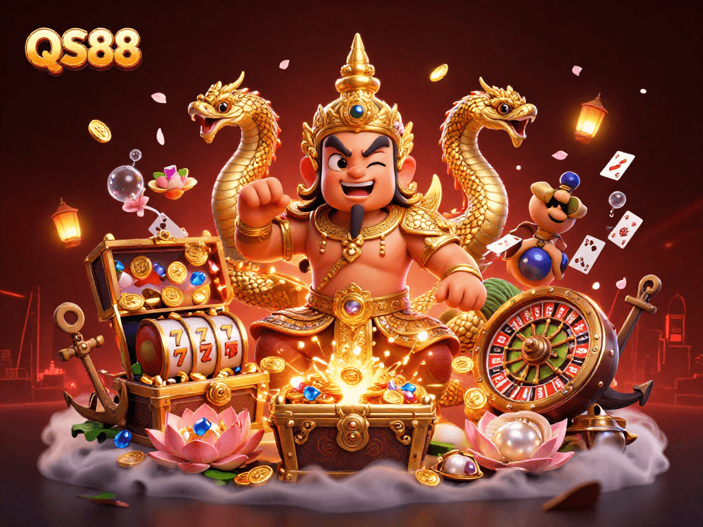 Experience the thrill of QS88 with vibrant casino elements and lively characters in a dynamic 3D scene.